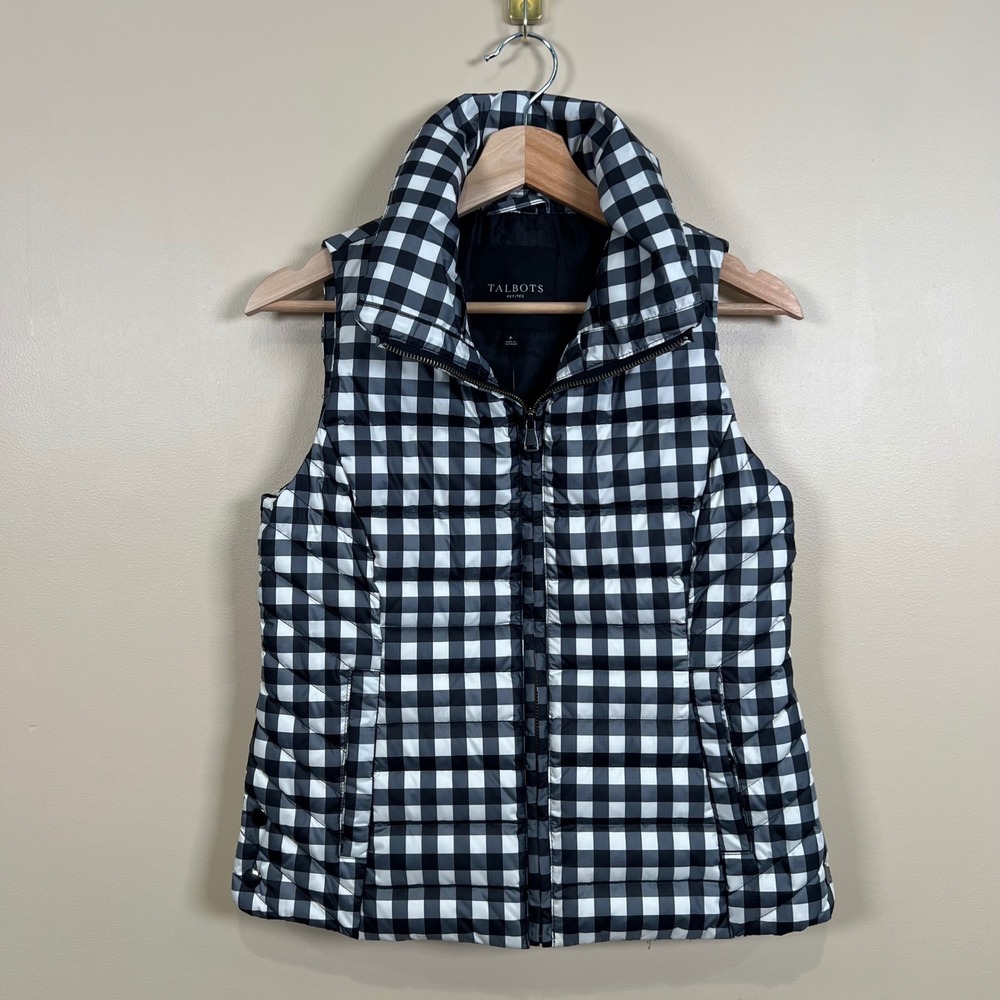 Talbots The Puffer Vest Womens P Black Gingham Quilted Down Fill Winter Preppy
